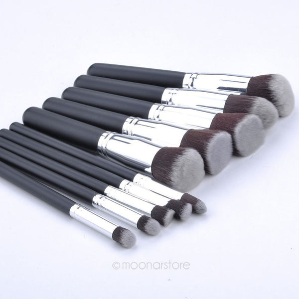 10pcs Silver Synthetic Kabuki Makeup Brush Set Cosmetics Foundation Blending Blush Makeup Tool