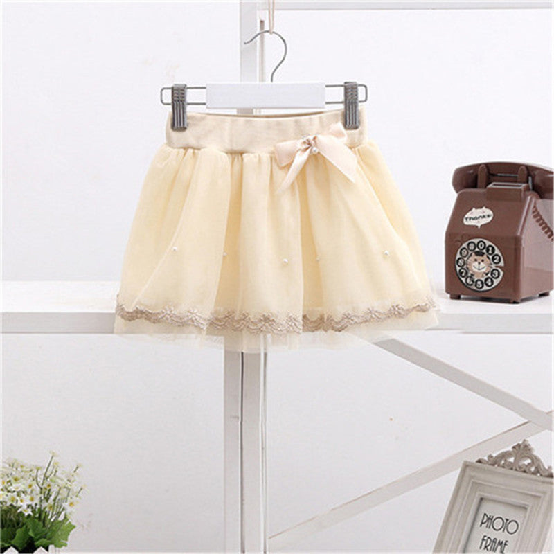 New Skirts For Girls 2015 Spring Autumn Bow Girls Tutu Skirt Children Clothing Princess Lace Pearls Cute Elegant Kids Girl Skirt