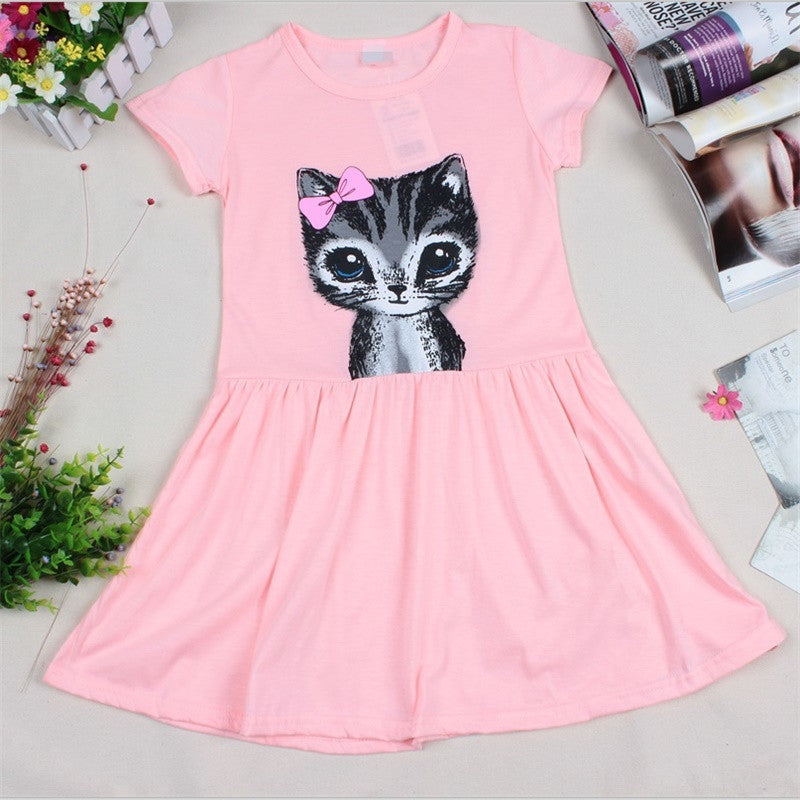Hot Sale New 2016 summer girl dress cat print grey baby girl dress children clothing children dress 0-8years