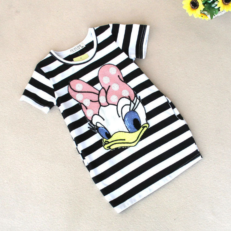 2016 latest summer girls striped dress children cartoon Donald Duck, the two sides in my pocket dress 2-7 years A122
