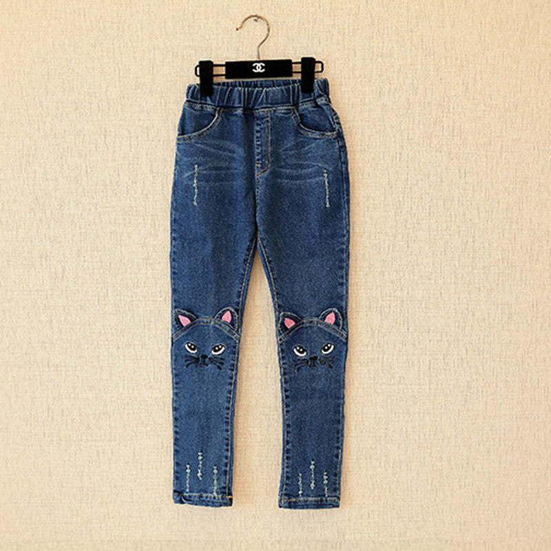 Cute Cartoon Pattern Kids Jeans Winter Autumn 2 items Lovely Cat High Quality Children Pants Casual trouses Baby Girls Jeans