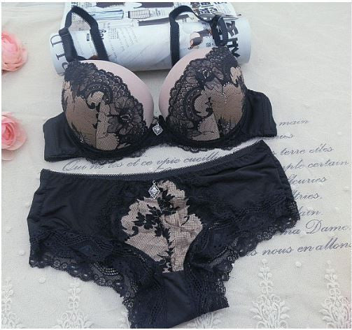 DKERT VS Thong Bra Set Push Up French Embroidered Lace Women's Underwear Sets ABC Cup Bra And Panty Deep V Free Shipping