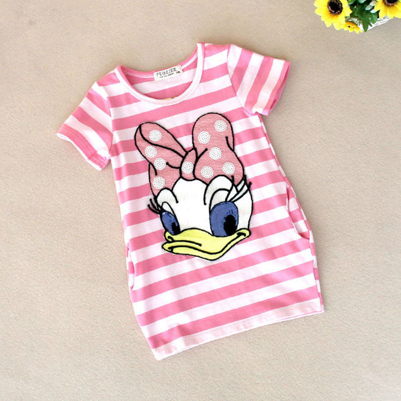 2016 latest summer girls striped dress children cartoon Donald Duck, the two sides in my pocket dress 2-7 years A122