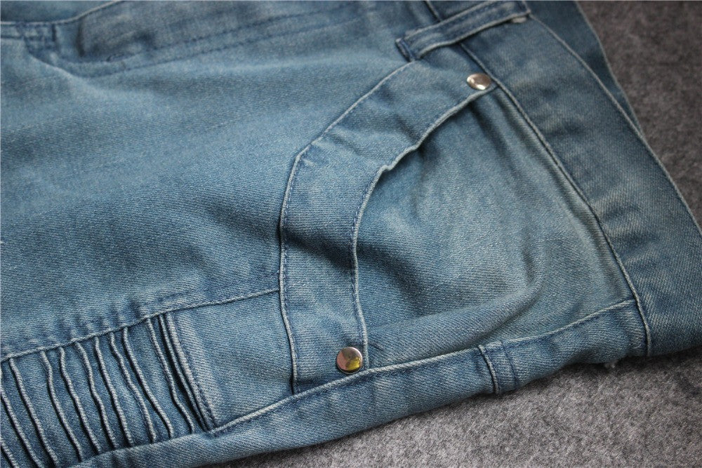 Mens Skinny jeans men 2016 Runway Distressed slim elastic jeans denim Biker jeans hiphop pants Washed black jeans for men blue