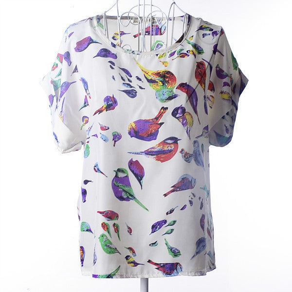 T Shirt Women 2016 Summer Bird Printed Women Tops Short Sleeve Female T-shirts Plus Size Tshirt Chiffon Tee Shirt Femme