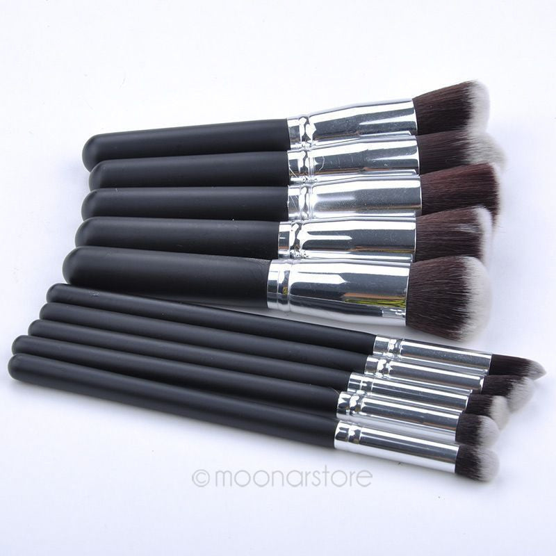 10pcs Silver Synthetic Kabuki Makeup Brush Set Cosmetics Foundation Blending Blush Makeup Tool