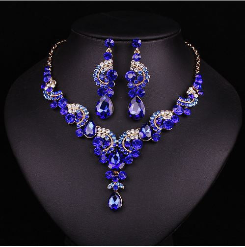 Fashion Sapphire Rhinestone Bridal Jewelry Set Wedding Prom Party Accessories Gold Plated Necklace Earring Set For Brides Women