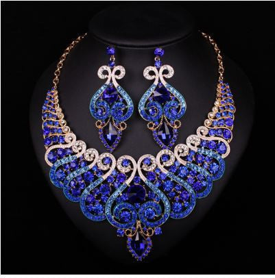 Bridal Jewelry Sets Wedding Necklace Earring For Brides Party Accessories Gold Plated Crystal Sapphire Decoration Women