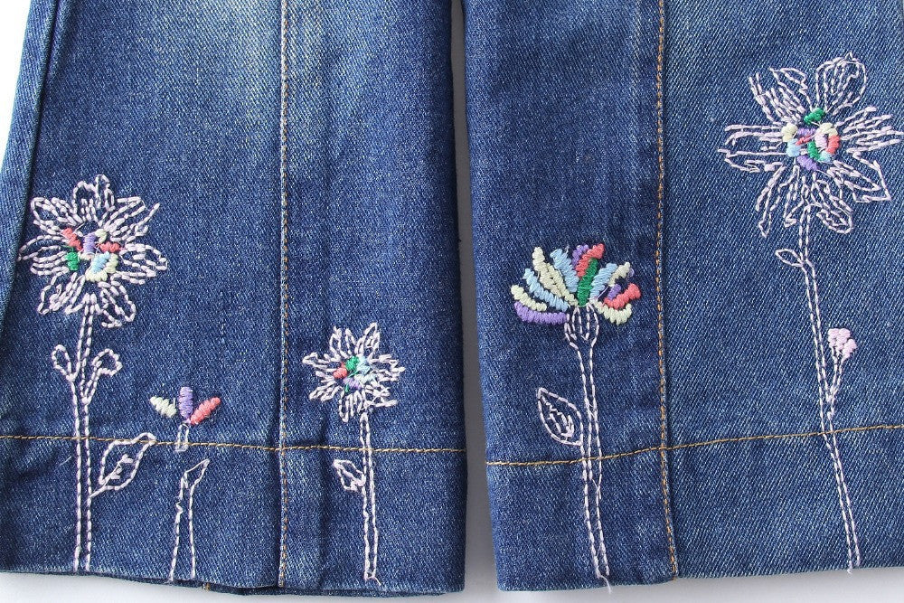 2016 New fashion girls jeans pants embroidery flowers casual kids blue Jeans baby girl denim clothing for children trousers