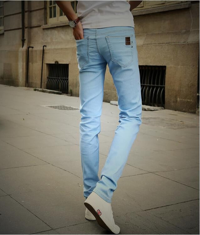 2016 Men's Straight Elastic Waist Skinny Jeans Mid Waist Men's Slim Fit Jean Homme Casual Pants 28-38 Size