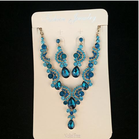 Fashion Sapphire Rhinestone Bridal Jewelry Set Wedding Prom Party Accessories Gold Plated Necklace Earring Set For Brides Women