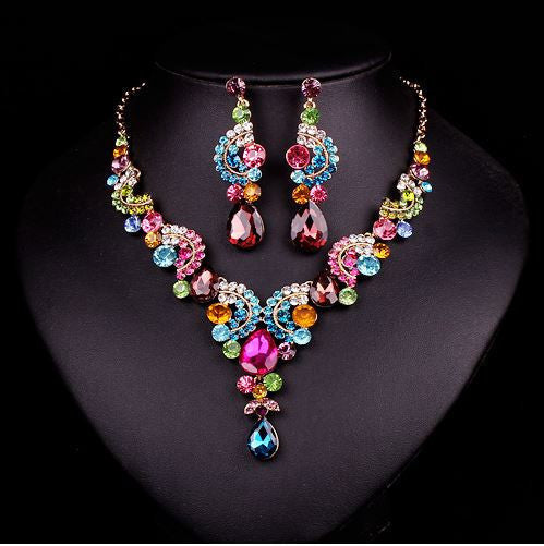 Fashion Sapphire Rhinestone Bridal Jewelry Set Wedding Prom Party Accessories Gold Plated Necklace Earring Set For Brides Women