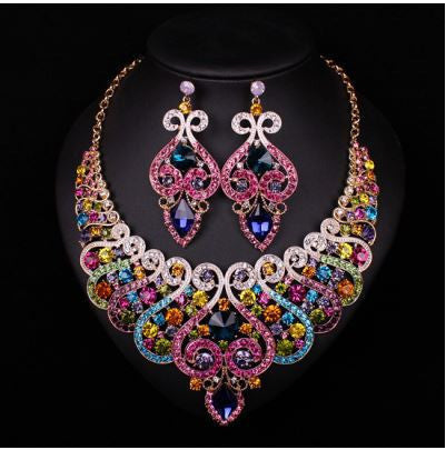 Bridal Jewelry Sets Wedding Necklace Earring For Brides Party Accessories Gold Plated Crystal Sapphire Decoration Women