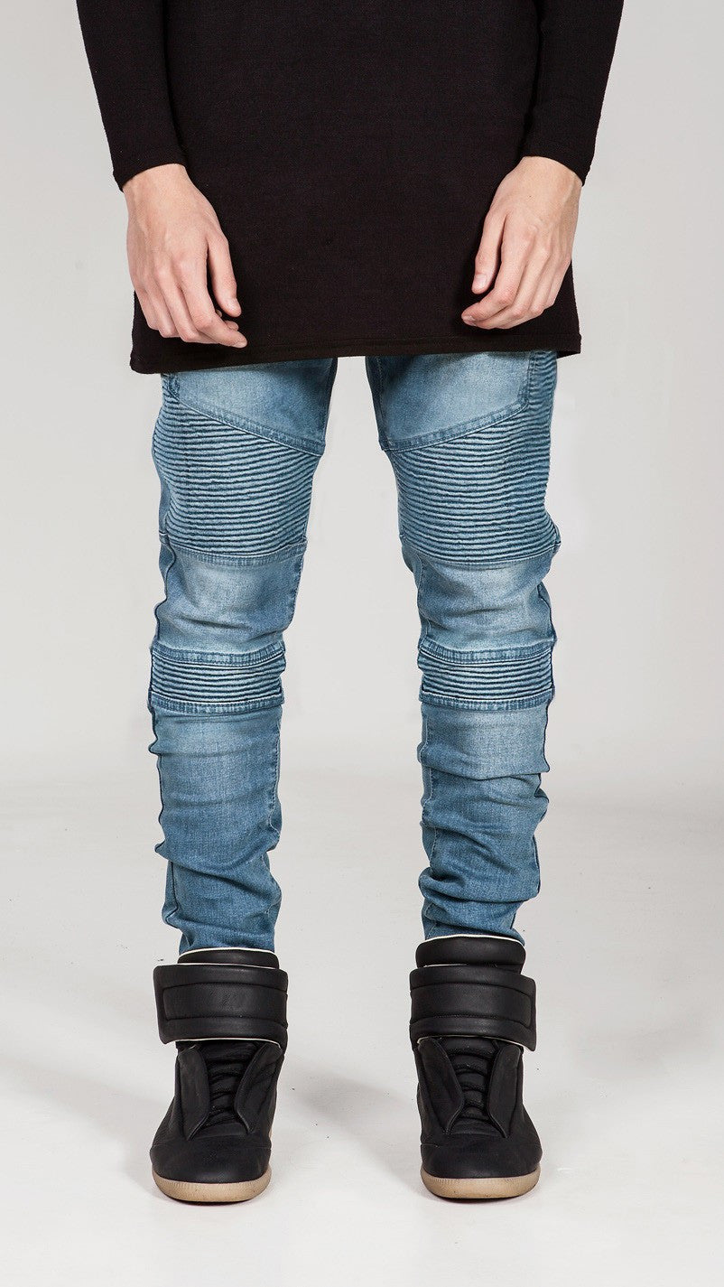 Mens Skinny jeans men 2016 Runway Distressed slim elastic jeans denim Biker jeans hiphop pants Washed black jeans for men blue