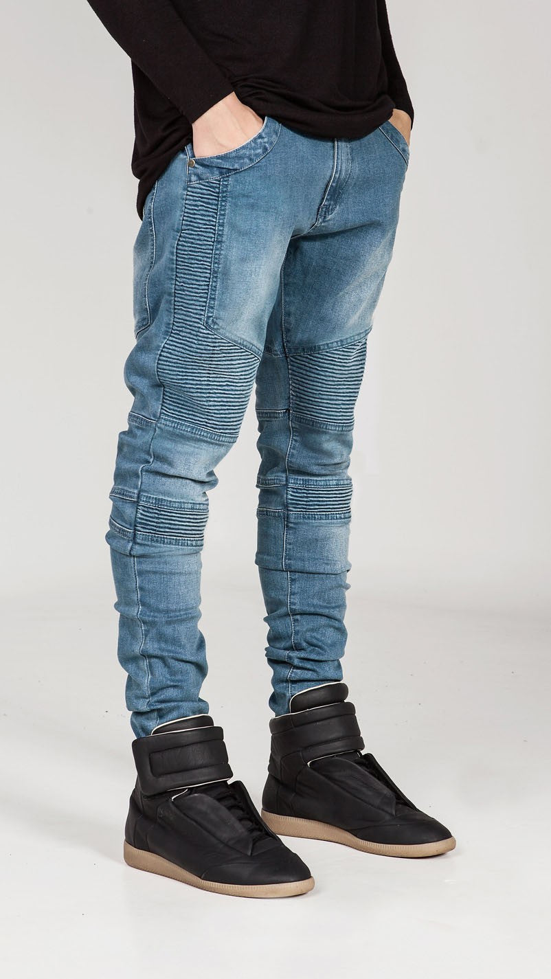 Mens Skinny jeans men 2016 Runway Distressed slim elastic jeans denim Biker jeans hiphop pants Washed black jeans for men blue