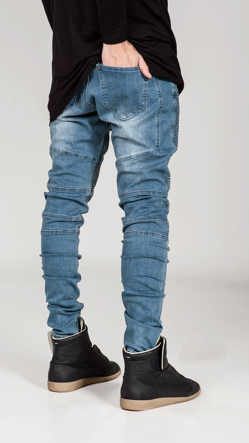 Mens Skinny jeans men 2016 Runway Distressed slim elastic jeans denim Biker jeans hiphop pants Washed black jeans for men blue