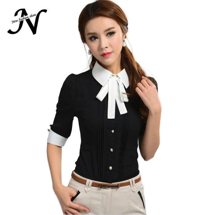 New Work Wear Office 2016 Shirt  Women Tops Black Pink Blue White Slim Half Sleeve Turn-Down Collar Blouse Shirt Women 2569