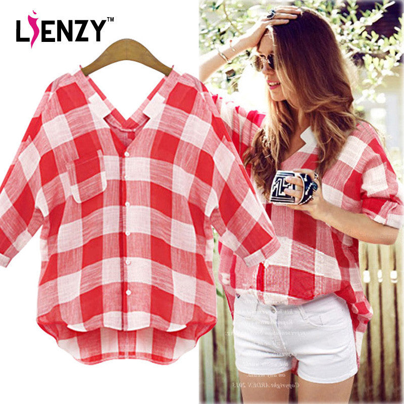 LIENZY Red Plaid Women Shirts Elegant Big Square Patchwork Deep V Neck Long Women Shirts For Summer Hot day Plus Size