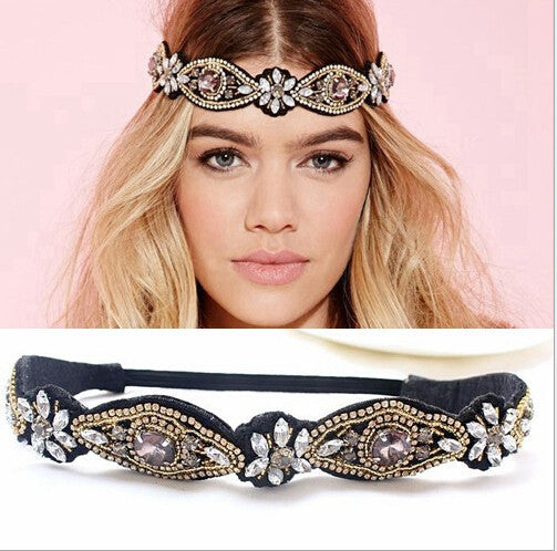 women girls bohemian vintage punk metal seed beads rhinestone braided knitted flower headband hair accessories