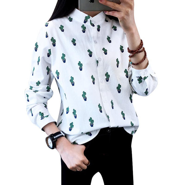 Women Fashion Blouses Long Sleeved Sweet Cute Shirts Cactus Printed Stand Collar Casual Leisure Tops Plus Size Hot Sale Blusas