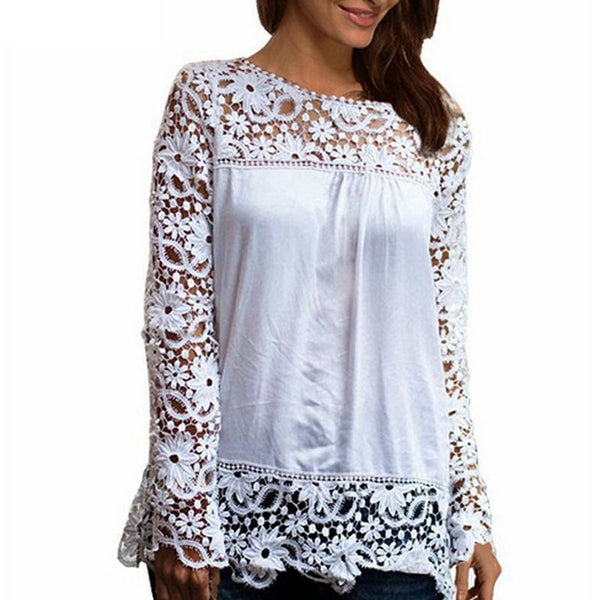 New 2016 Fashion Women Lace Long Sleeve Chiffon  Shirts Hollow Crochet Tops Blouse sexy solid wild women shirts 8 colors LY154