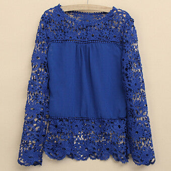 New 2016 Fashion Women Lace Long Sleeve Chiffon  Shirts Hollow Crochet Tops Blouse sexy solid wild women shirts 8 colors LY154
