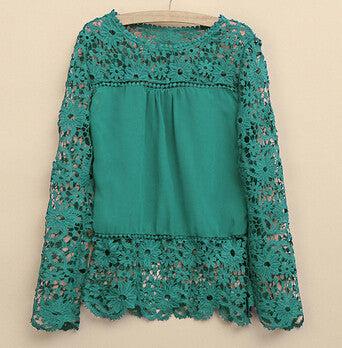 New 2016 Fashion Women Lace Long Sleeve Chiffon  Shirts Hollow Crochet Tops Blouse sexy solid wild women shirts 8 colors LY154