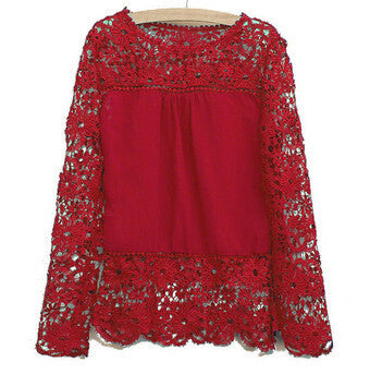 New 2016 Fashion Women Lace Long Sleeve Chiffon  Shirts Hollow Crochet Tops Blouse sexy solid wild women shirts 8 colors LY154