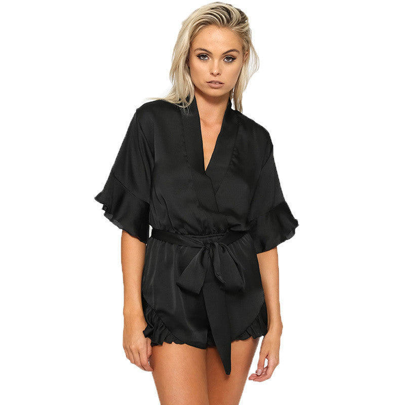 GJ106 New Woman Relax Loose Fit Deep V Neck 3/4 Sleeve Silk Ruffled Romper Satin Playsuit Casual Jumpsuits S-XL Tan Peach Black