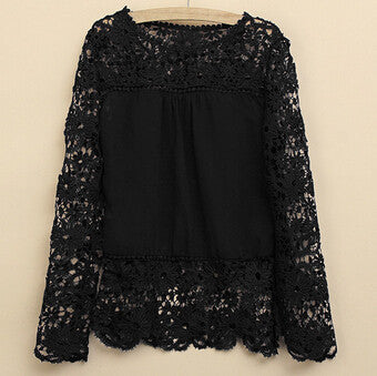 New 2016 Fashion Women Lace Long Sleeve Chiffon  Shirts Hollow Crochet Tops Blouse sexy solid wild women shirts 8 colors LY154