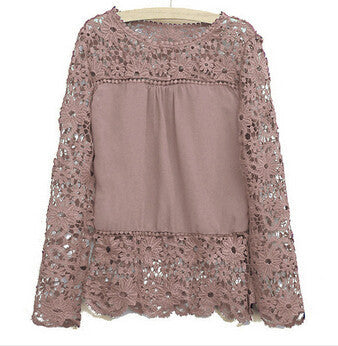 New 2016 Fashion Women Lace Long Sleeve Chiffon  Shirts Hollow Crochet Tops Blouse sexy solid wild women shirts 8 colors LY154