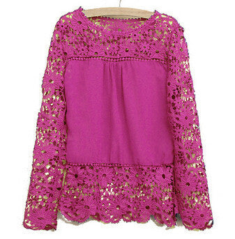 New 2016 Fashion Women Lace Long Sleeve Chiffon  Shirts Hollow Crochet Tops Blouse sexy solid wild women shirts 8 colors LY154
