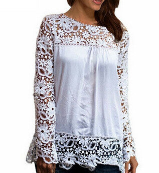 New 2016 Fashion Women Lace Long Sleeve Chiffon  Shirts Hollow Crochet Tops Blouse sexy solid wild women shirts 8 colors LY154