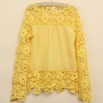 New 2016 Fashion Women Lace Long Sleeve Chiffon  Shirts Hollow Crochet Tops Blouse sexy solid wild women shirts 8 colors LY154