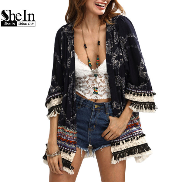SheIn Casual Womens Tops For Summer Ladies Three Quarter Length Sleeve Multicolor Print Fringe Pom-pom Decorated Kimono