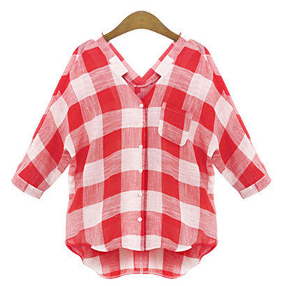 LIENZY Red Plaid Women Shirts Elegant Big Square Patchwork Deep V Neck Long Women Shirts For Summer Hot day Plus Size