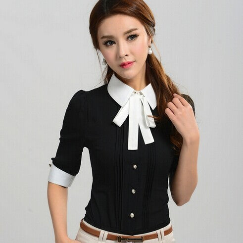 New Work Wear Office 2016 Shirt  Women Tops Black Pink Blue White Slim Half Sleeve Turn-Down Collar Blouse Shirt Women 2569