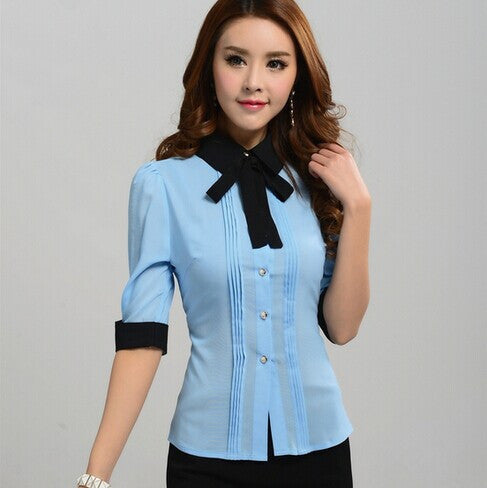 New Work Wear Office 2016 Shirt  Women Tops Black Pink Blue White Slim Half Sleeve Turn-Down Collar Blouse Shirt Women 2569