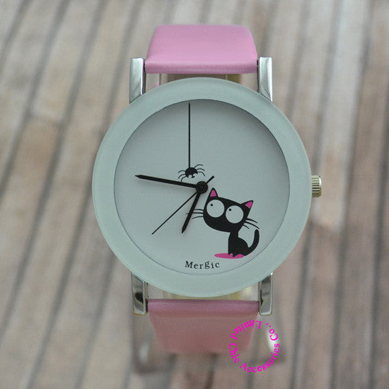 Funny Cute Kids Cat Fashion Watch Women 2016 Spider New Black White Pink Wristwatch Hour Lady Child Girl Dress Causal Quartz Hot