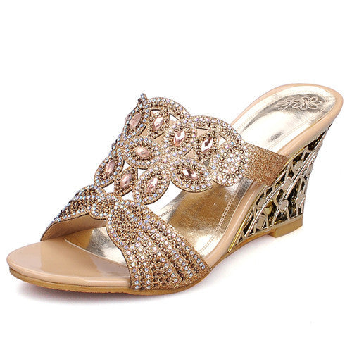 New 2016 Summer Fashion Women Sandals Sexy Rhinestone Butterfly Cut-outs High Heels Wedges Sandals Party Shoes Woman Slides L35