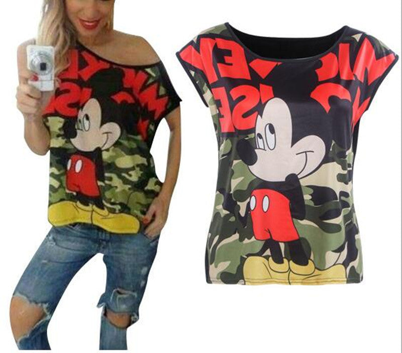 2016 New fashion summer women casual cartoon mickey letter camouflage print short-sleeve t shirt tee tshirt camisetas mujer tops