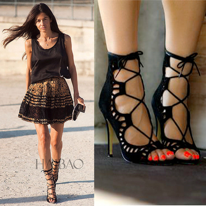 Women Sandals Brand Designer Gladiator High Heels Sexy Open Toe Cut Outs Women Shoes Lace Up Shoes Woman Pumps Sandalias Mujer