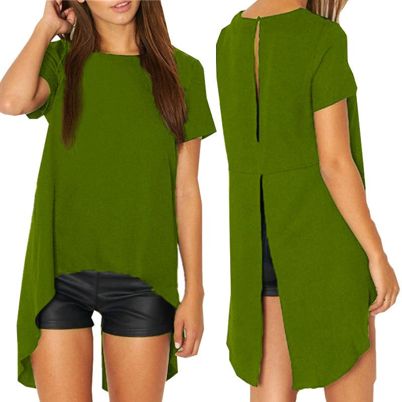 Summer Women Blouses 2016 New Chiffon Split Backless Short Sleeve Blusas Ladies Loose Irregular Hem Casual Tops Tee Plus Size