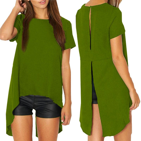 Summer Women Blouses 2016 New Chiffon Split Backless Short Sleeve Blusas Ladies Loose Irregular Hem Casual Tops Tee Plus Size