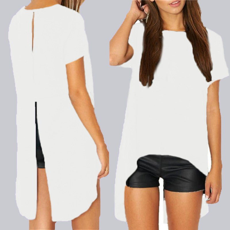 Summer Women Blouses 2016 New Chiffon Split Backless Short Sleeve Blusas Ladies Loose Irregular Hem Casual Tops Tee Plus Size
