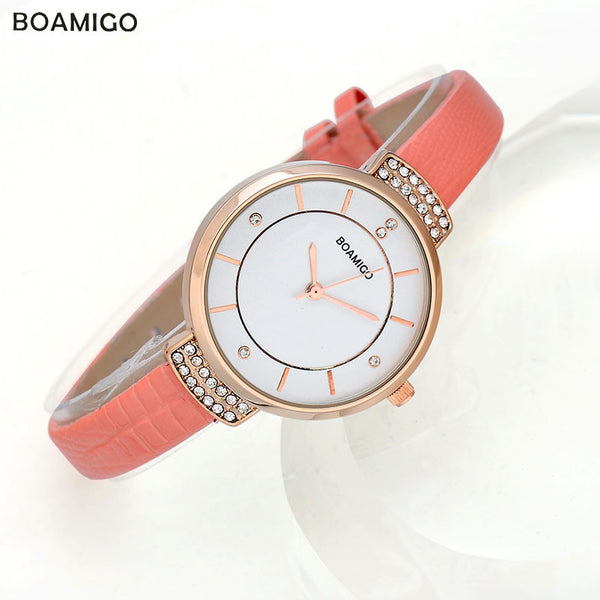 boamigo women watches woman quartz dress watches Ladies bracelet fashion Watch delicate Leather rhinestone Watches Waterproof