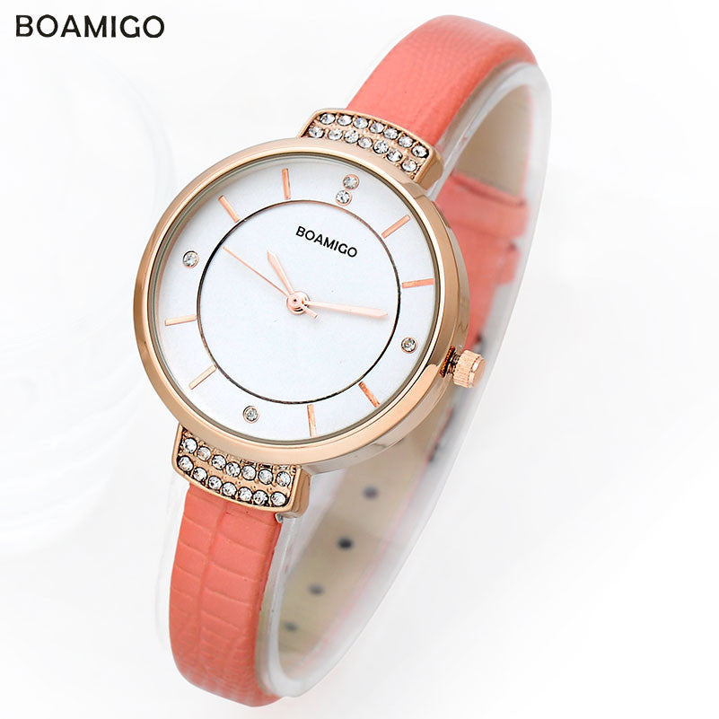 boamigo women watches woman quartz dress watches Ladies bracelet fashion Watch delicate Leather rhinestone Watches Waterproof