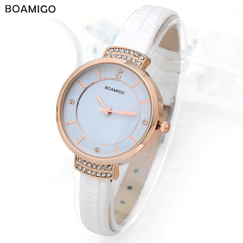 boamigo women watches woman quartz dress watches Ladies bracelet fashion Watch delicate Leather rhinestone Watches Waterproof