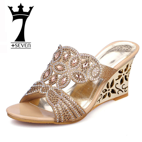 New 2016 Summer Fashion Women Sandals Sexy Rhinestone Butterfly Cut-outs High Heels Wedges Sandals Party Shoes Woman Slides L35