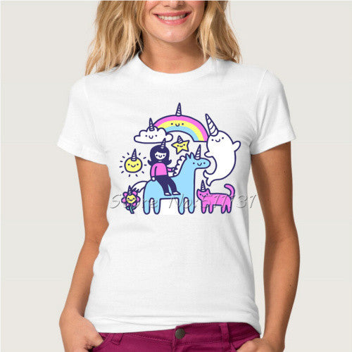 2016 Fashion Cute Cartoon Unicorns Rainbow Printed T Shirt Summer Harajuku Women/Lady Casual White Short Sleeve T-Shirt Tops